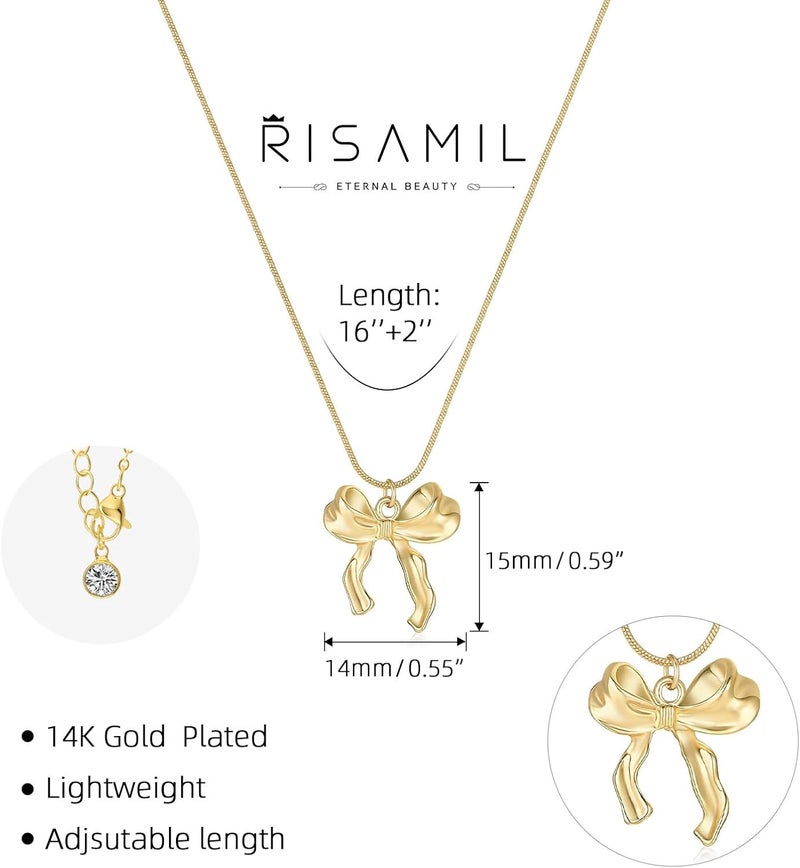 Risamil Store 14K Gold Plated Necklace for Women - Bow Necklace - Dainty Necklace Cute Small Tiny Bow Pendant Choker Chain Necklace Trendy Necklaces for Women Jewelry Gift - Image 3